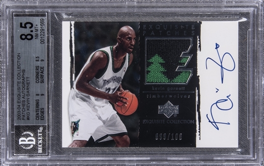 2003-04 UD "Exquisite Collection" Patches Autographs #KG Kevin Garnett Signed Game Used Patch Card (#099/100) – BGS NM-MT+ 8.5/BGS 10